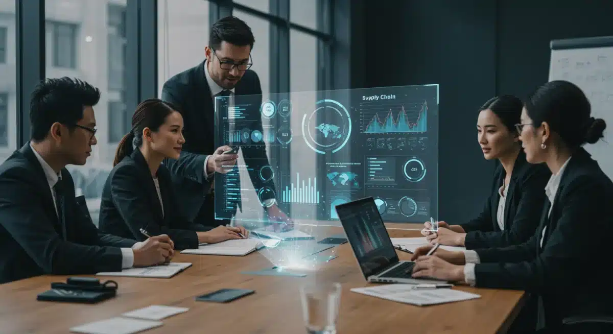 Travel executives analyzing real-time supply chain data on a holographic display.