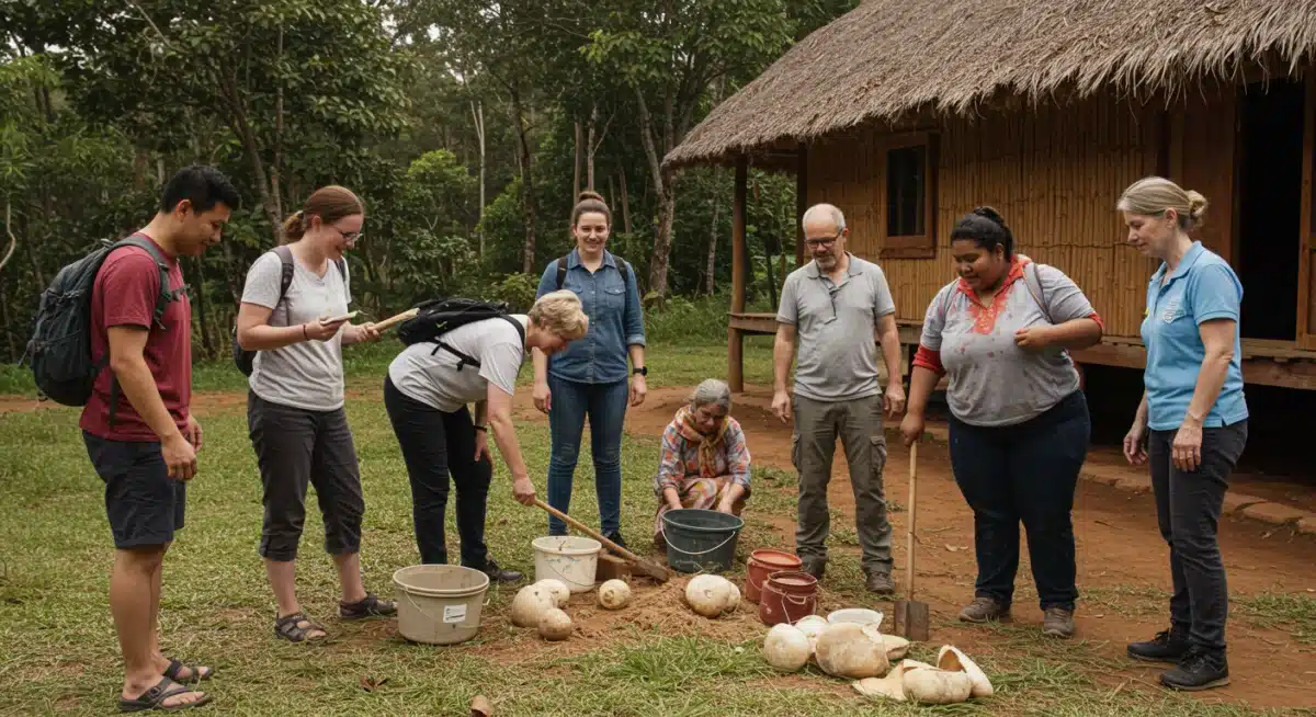 Travelers engaging in a local community project, certified eco-lodge impact.
