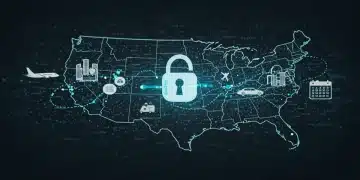 Secure data flow across U.S. travel, padlock icon, 2026 compliance