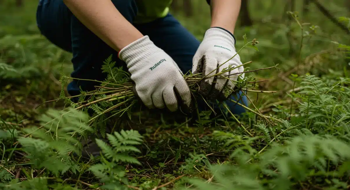 Volunteer removing invasive plants from a natural habitat.