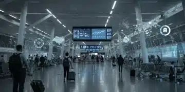 Modern airport terminal with diverse travelers and digital screens showing 2026 travel regulations.