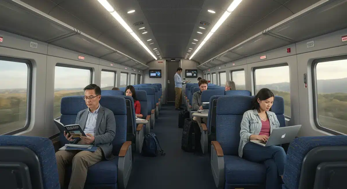 Interior of new Amtrak Acela passenger car with comfortable seating and modern amenities.