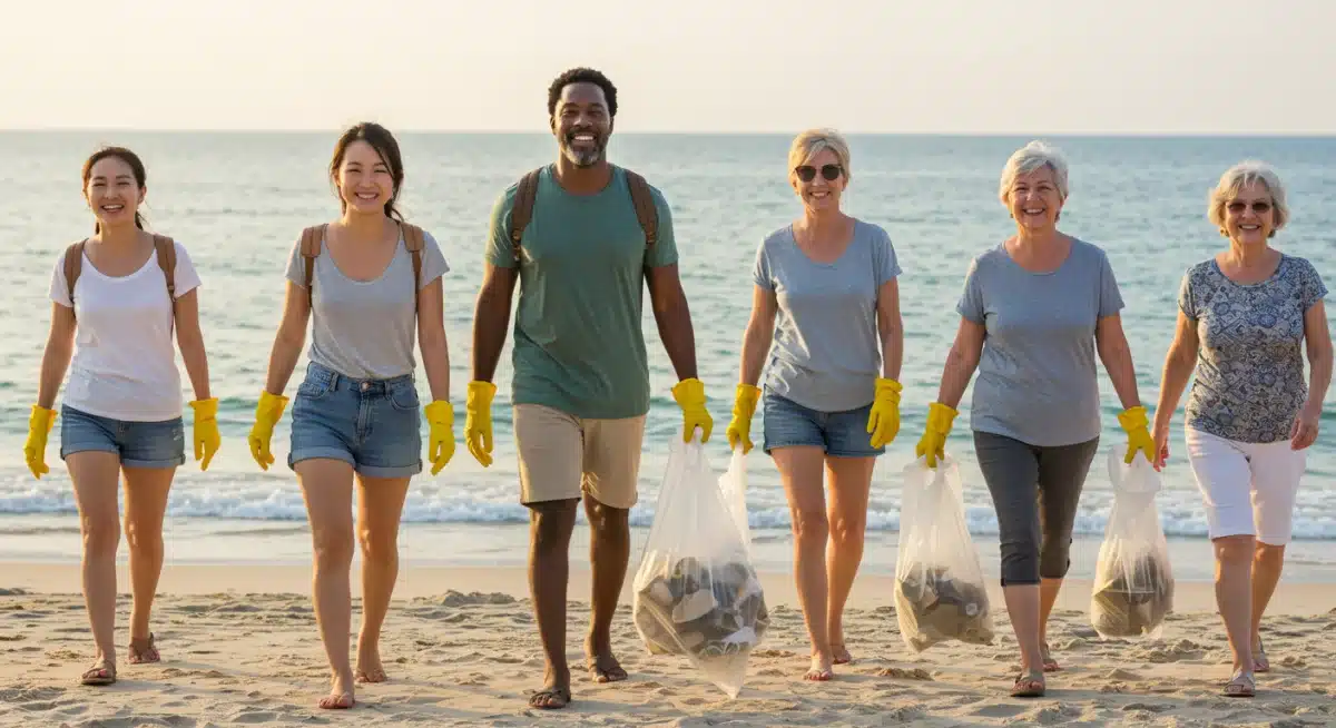 Volunteers cleaning a beach, promoting responsible tourism and environmental conservation.