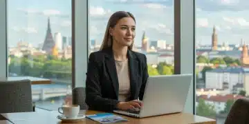 Professional woman working remotely in a cafe with a city view, embodying the bleisure travel trend.