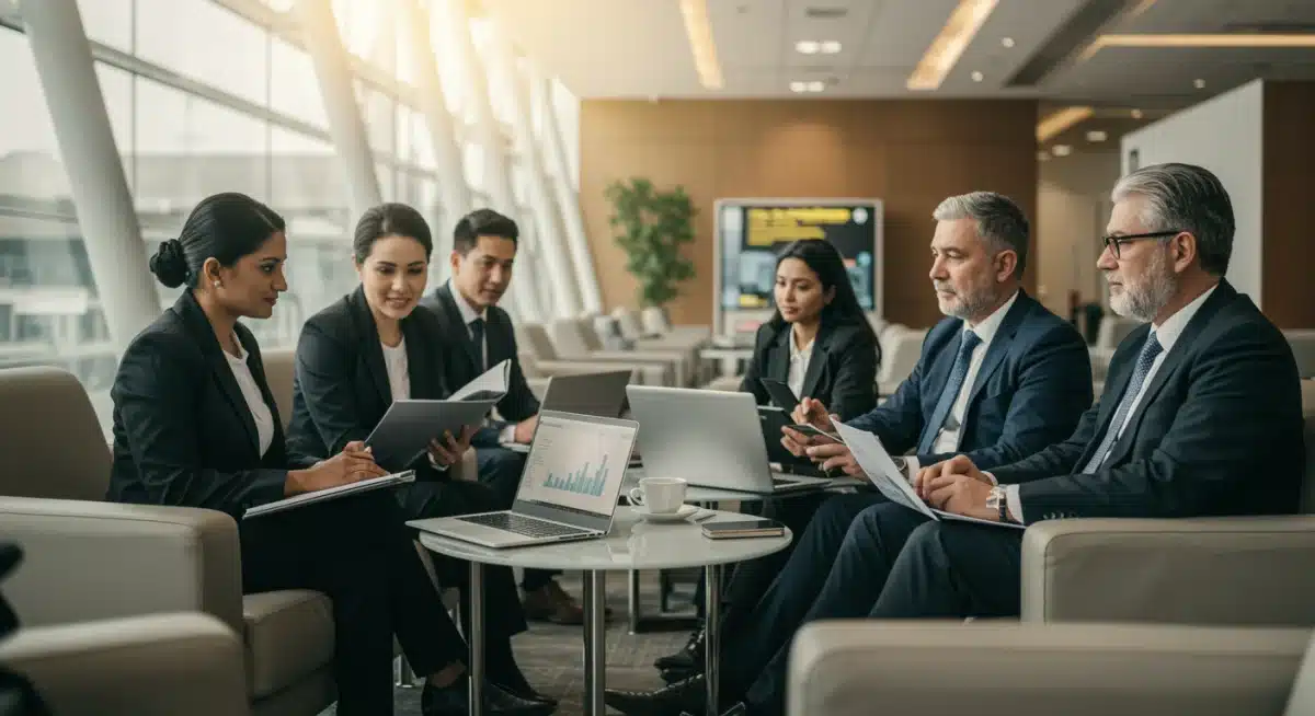 Business travelers in an airport lounge, representing the recovery of corporate travel.