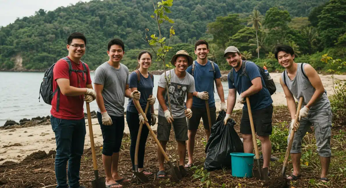 Travelers planting trees, promoting community involvement and responsible tourism.