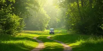 Lush green landscape with path, symbolizing ethical tourism and reduced carbon footprint.