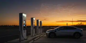 Electric vehicle charging at a modern station on a US highway at sunset, symbolizing the 2026 federal EV charging network expansion.
