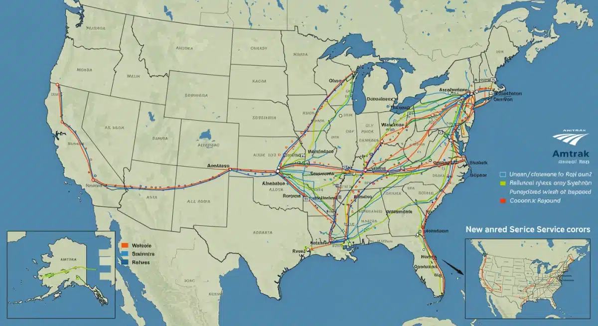 Map showing expanded and new Amtrak rail routes across the United States.
