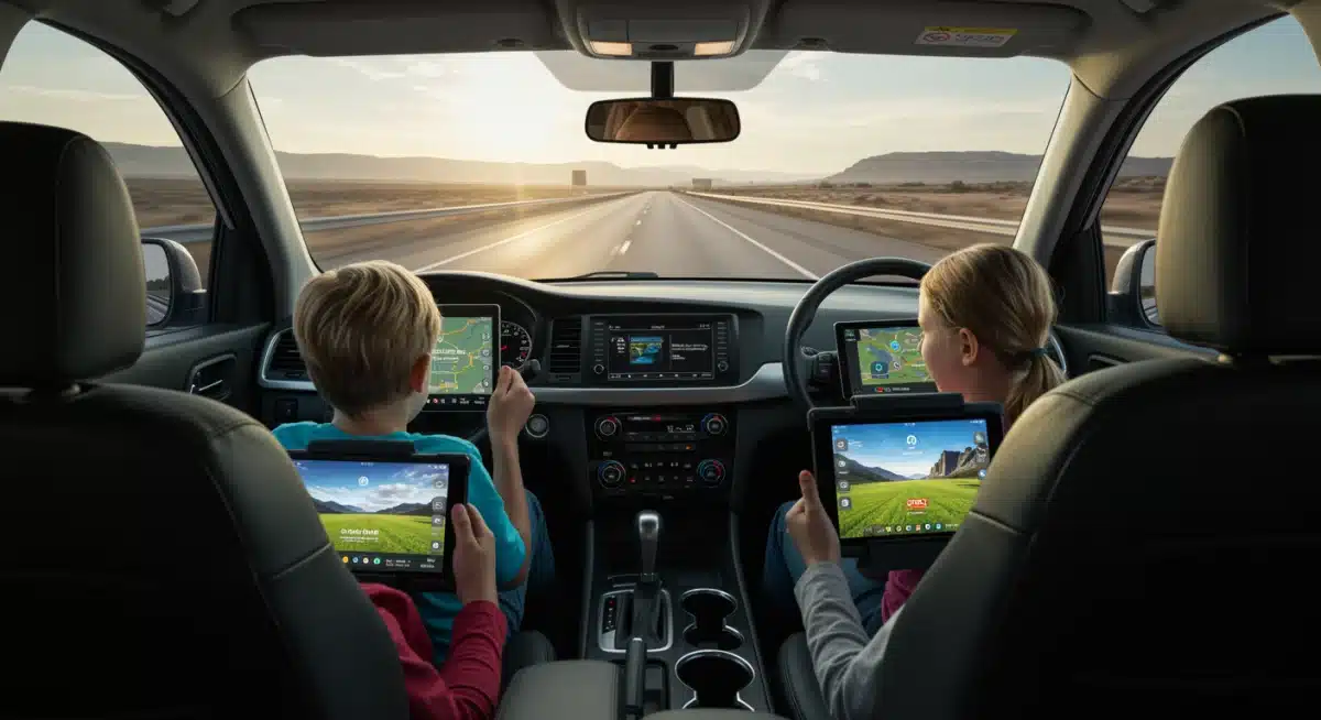Family enjoying seamless 5G entertainment and navigation during a US road trip.