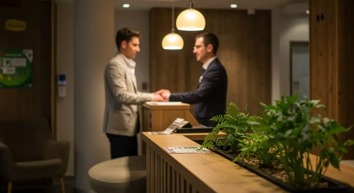 Hotel guest experiencing sustainable lodging, focusing on eco-friendly design.