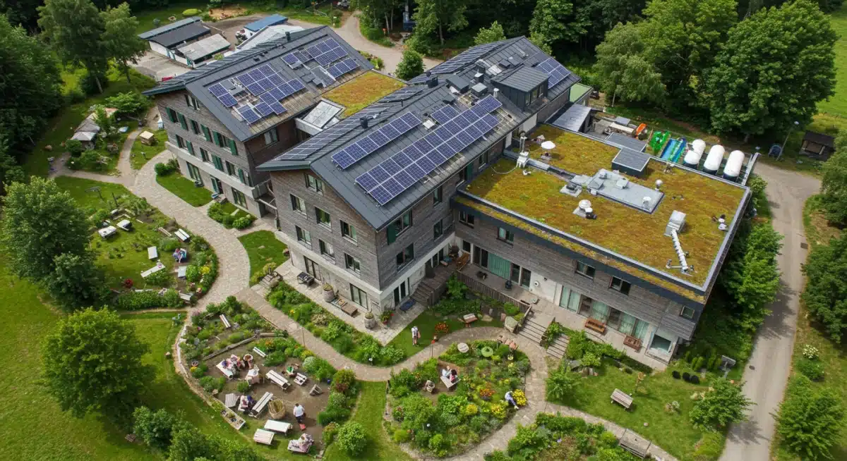 Aerial view of a hotel implementing comprehensive sustainable practices like solar panels and green roofs.