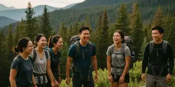 Group of friends enjoying a micro-adventure hike in a US national park.