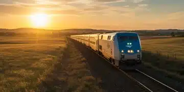 Modern Amtrak Acela train speeding through a scenic American landscape at sunset.