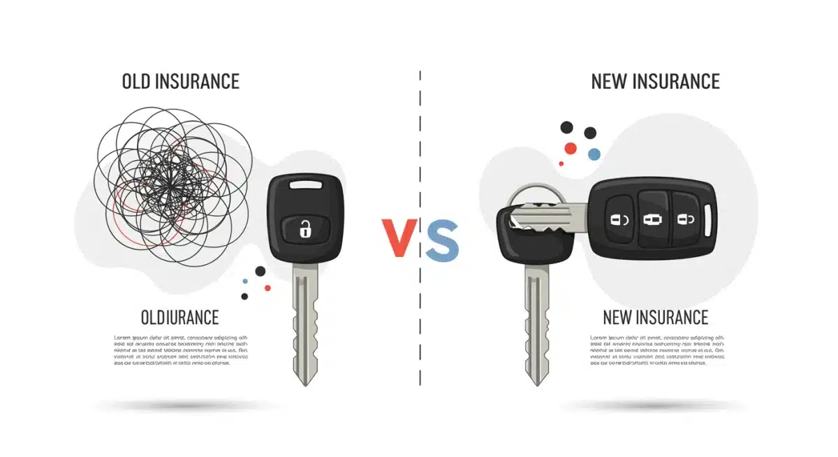 Graphic comparing old complex car rental insurance vs. new clear insurance