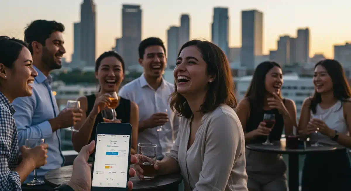 Diverse professionals networking and enjoying a rooftop bar at sunset, reflecting bleisure travel benefits.