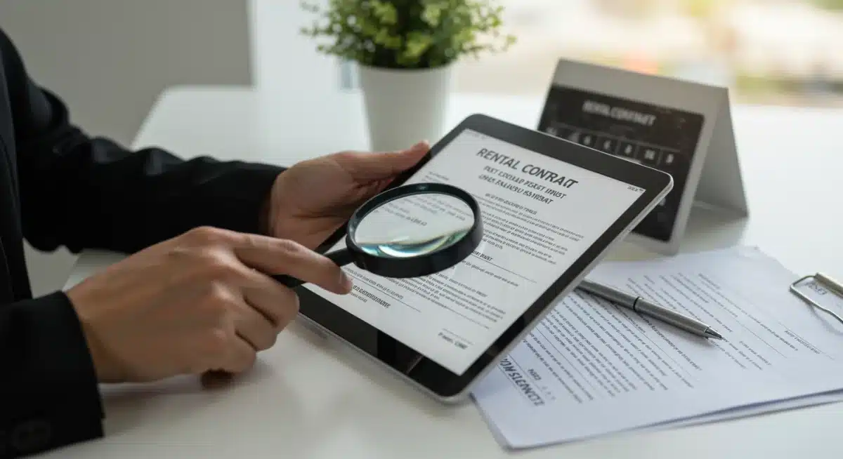 Person carefully reading rental car contract fine print on tablet