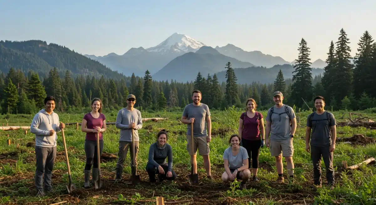 Travelers engaging in regenerative tourism, planting trees in a US national park