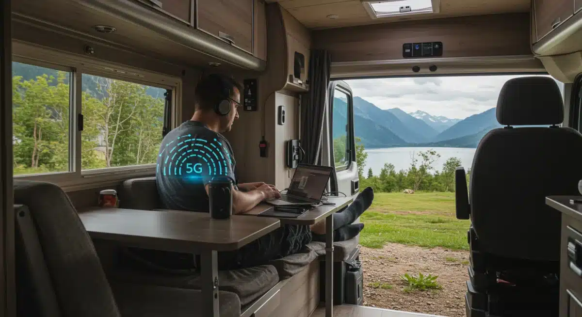 Remote worker in RV utilizing fast 5G connectivity for productivity on the road.