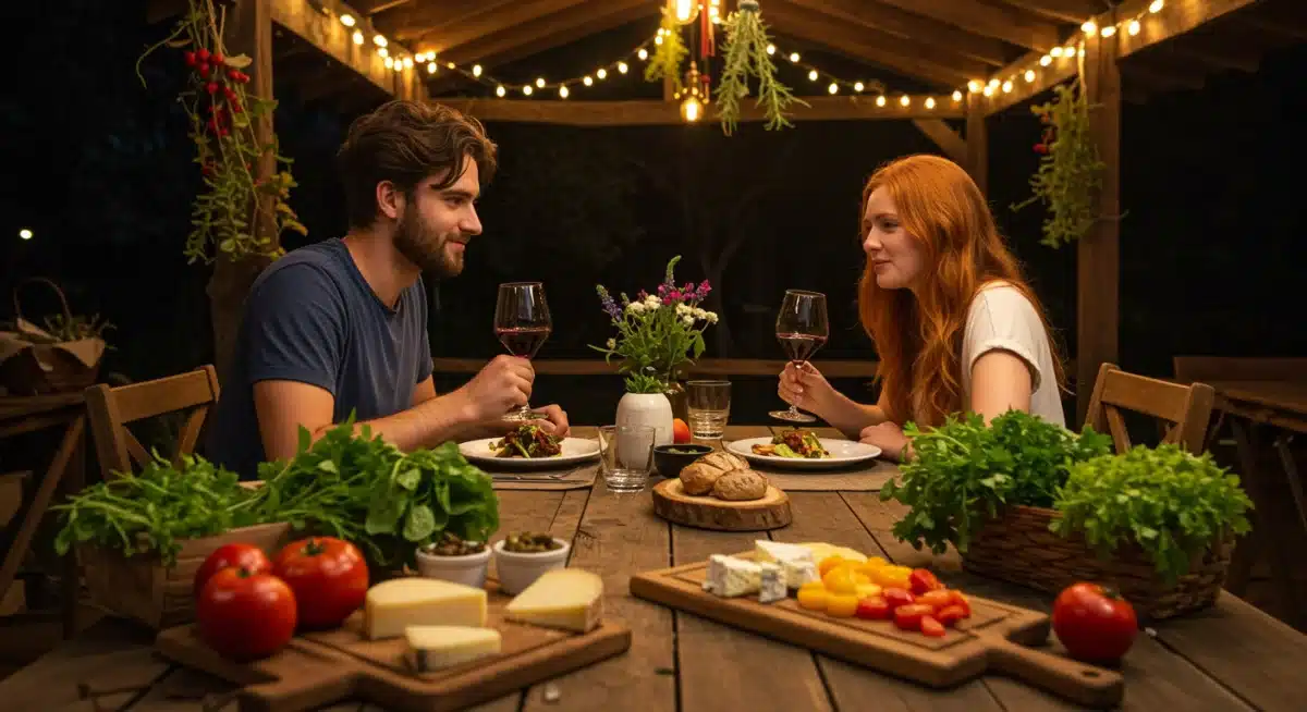 Couple enjoying sustainable farm-to-table dining experience.