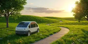 Eco-friendly electric car on a scenic road with solar panels, representing sustainable travel policies.