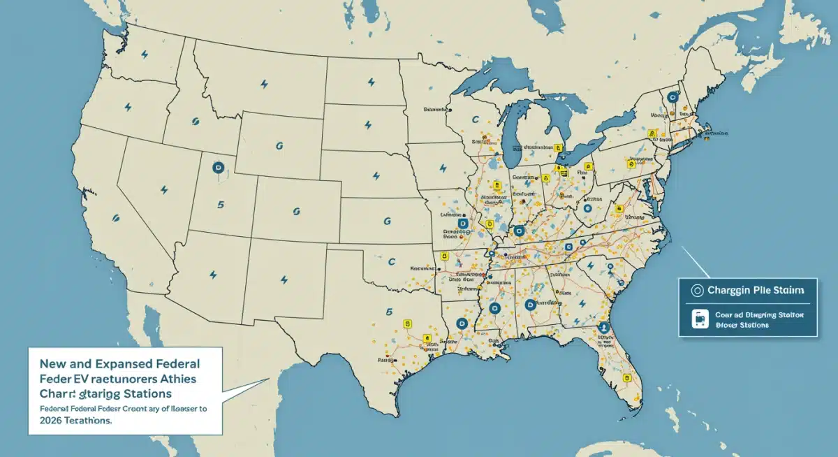 Detailed map of the US showcasing the 2026 expanded federal EV charging network with new stations and corridors.