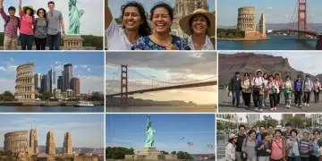Diverse international tourists visiting iconic U.S. landmarks, symbolizing strong travel recovery.