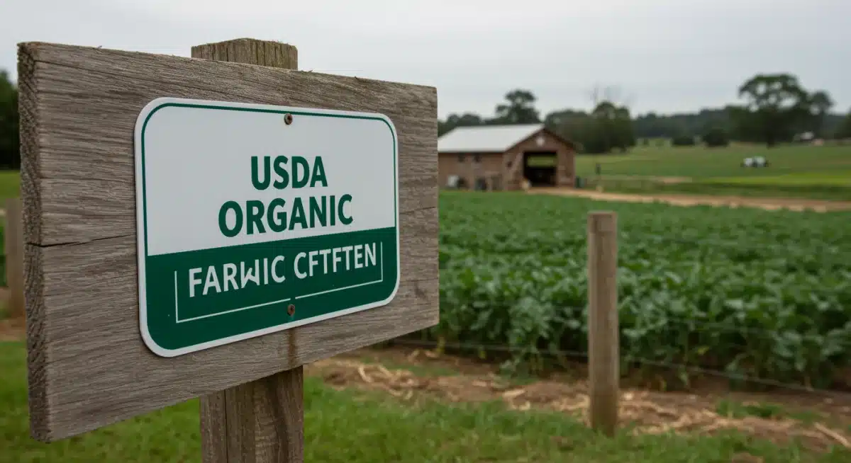 USDA Organic certification label on a farm sign