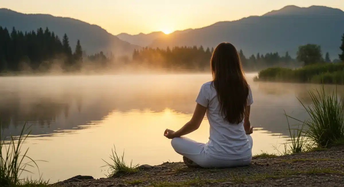 Person meditating by a peaceful lake at sunrise for wellness travel.