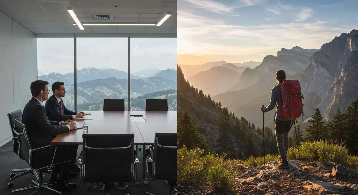 Illustration of work-life balance with a person in a business meeting and hiking in nature, representing bleisure.
