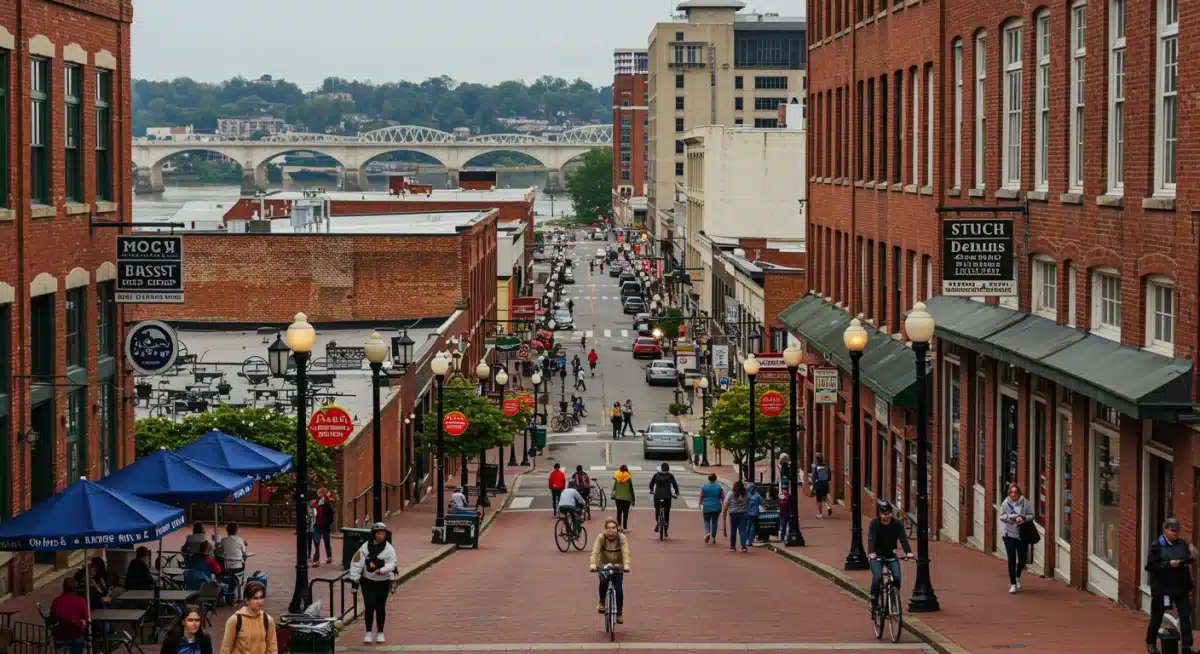 Chattanooga street scene with cafes and river view