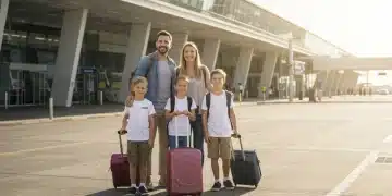 Happy family ready for domestic travel at airport in 2026