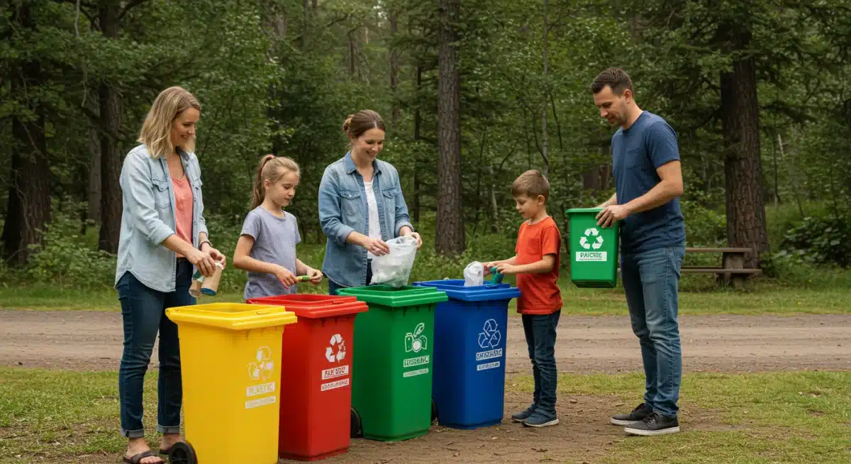 Family recycling at national park campsite, responsible waste management.