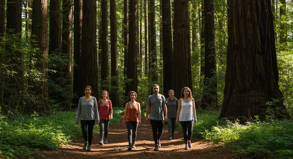 Diverse group engaging in forest bathing amidst ancient redwoods, a growing health-focused travel trend.