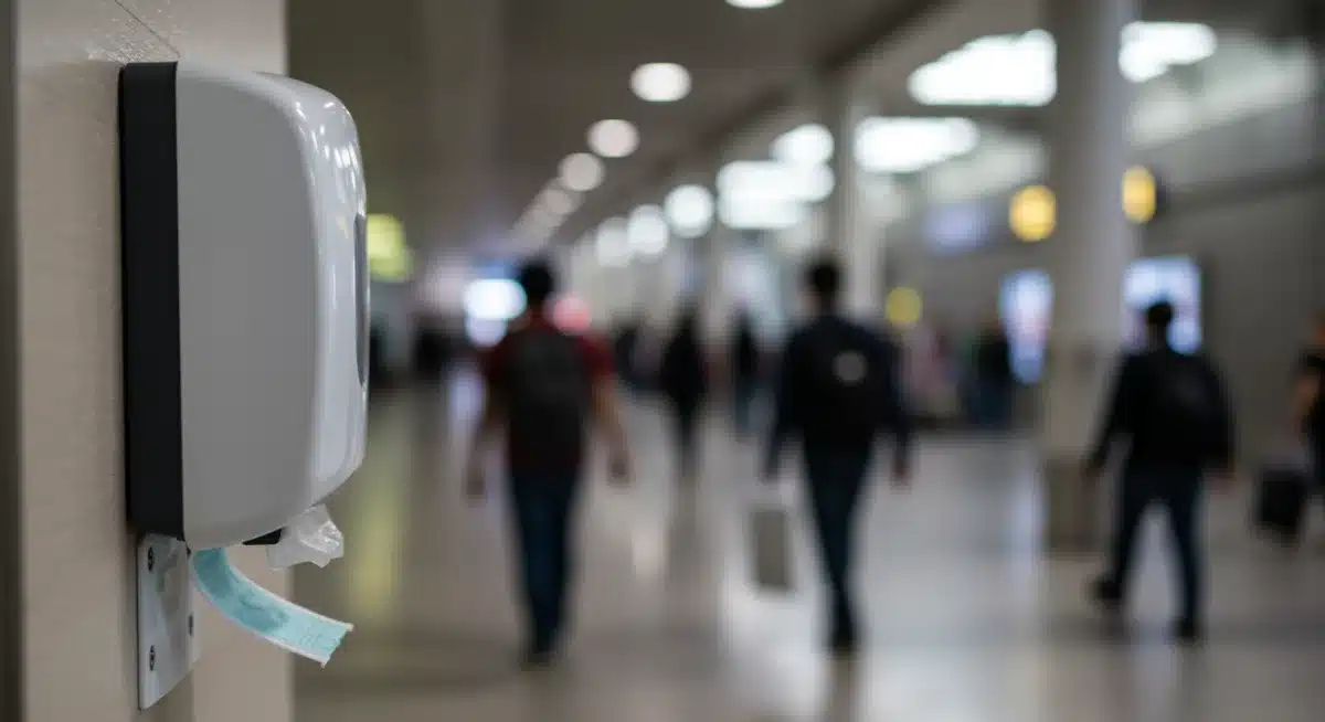 Person using hand sanitizer in public travel area