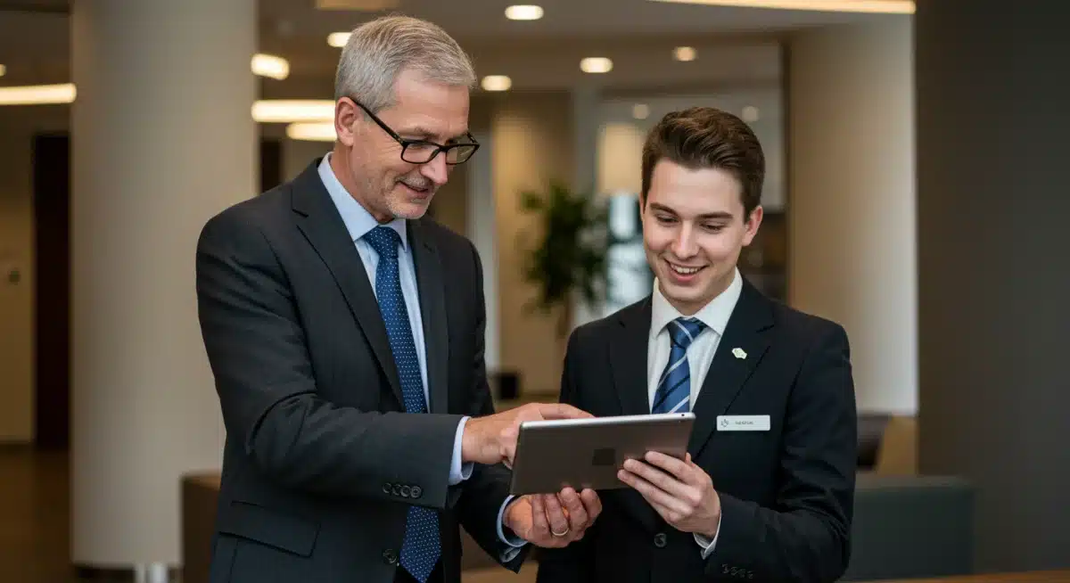 Hotel manager mentoring a new employee in a modern hotel lobby, focusing on career development.
