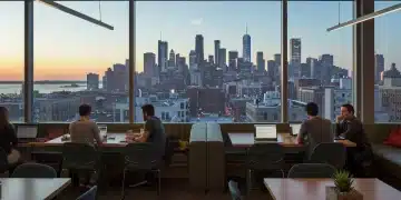 Modern co-working space with remote workers and a city skyline view