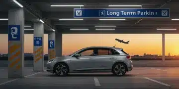 Modern electric car in secure 2026 airport parking garage with airplane in background