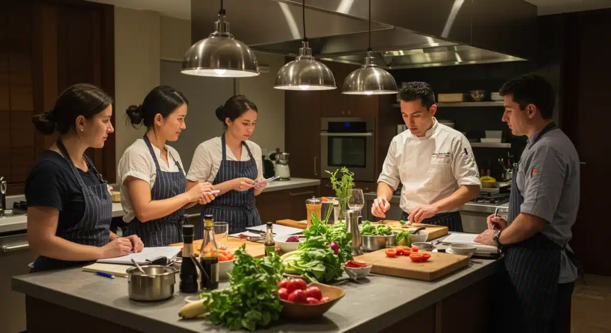 Chef leading a plant-based culinary workshop at a wellness resort, highlighting nutritional health-focused travel.