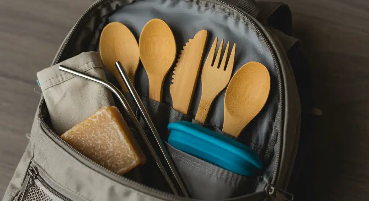 Reusable travel essentials: metal straw, bamboo cutlery, food container, solid shampoo in backpack.