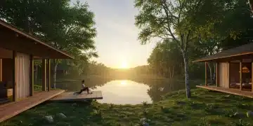 Sunrise yoga at a modern wellness retreat overlooking a tranquil lake, embodying health-focused travel trends.
