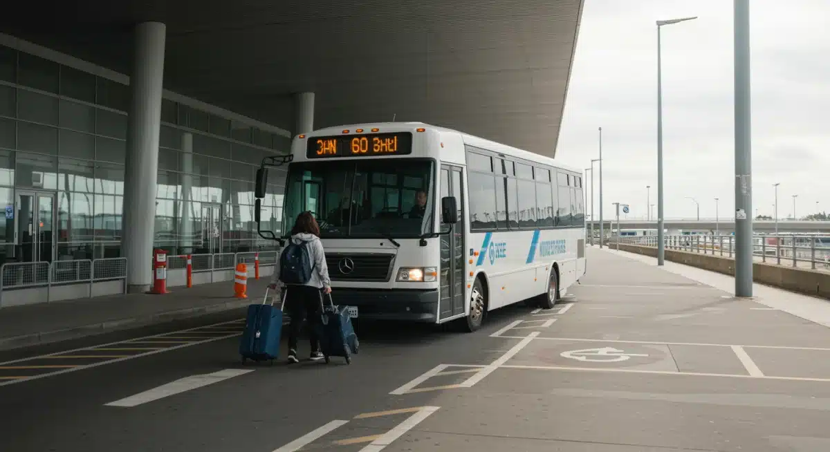 Airport shuttle bus transporting passengers to terminal from remote parking