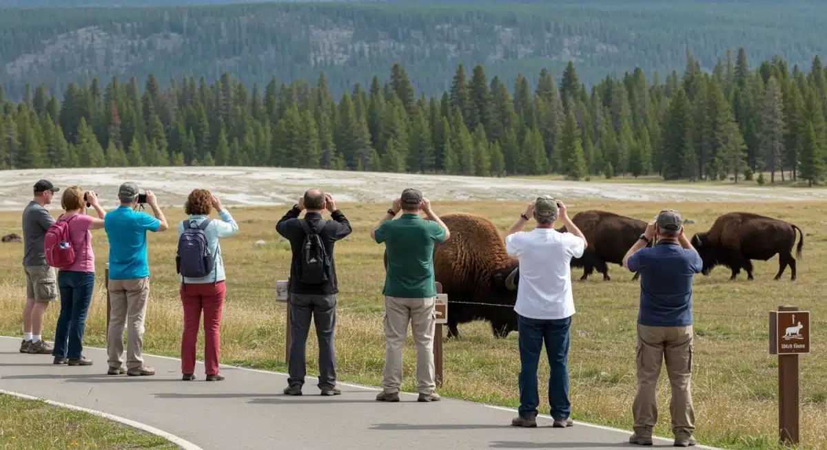 Tourists observing bison safely in Yellowstone, responsible wildlife interaction