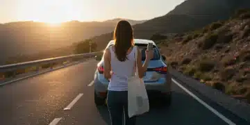 Woman with reusable items next to electric car on scenic road, symbolizing zero-waste travel.