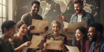 Diverse travelers planning ancestry trip with old photos and maps