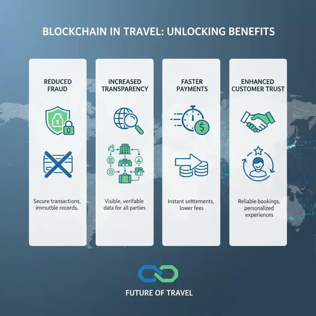 Infographic detailing blockchain benefits for travel agencies