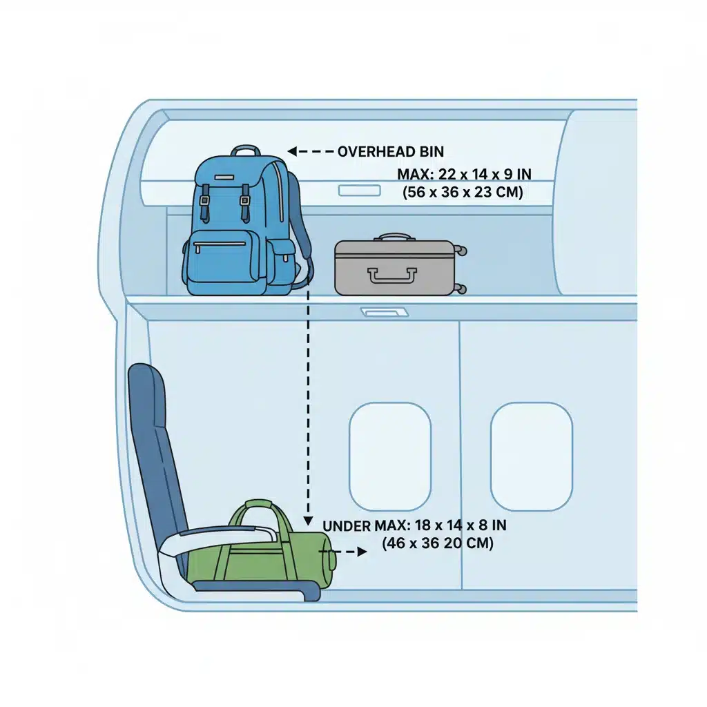 Illustration of carry-on bags in airplane cabin