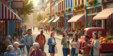 Vibrant street in a charming American small town with local shops and engaging travelers.