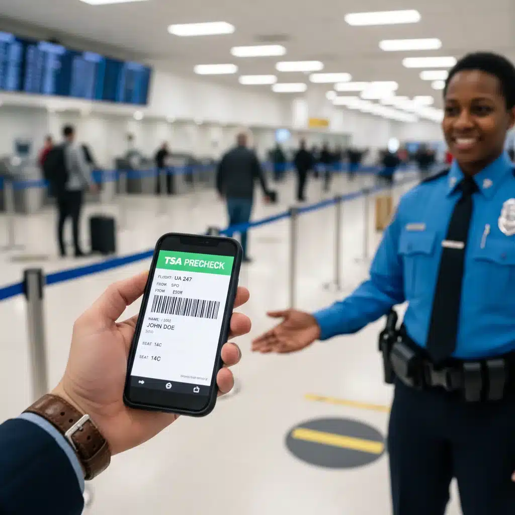 Traveler showing digital boarding pass with TSA PreCheck to security officer