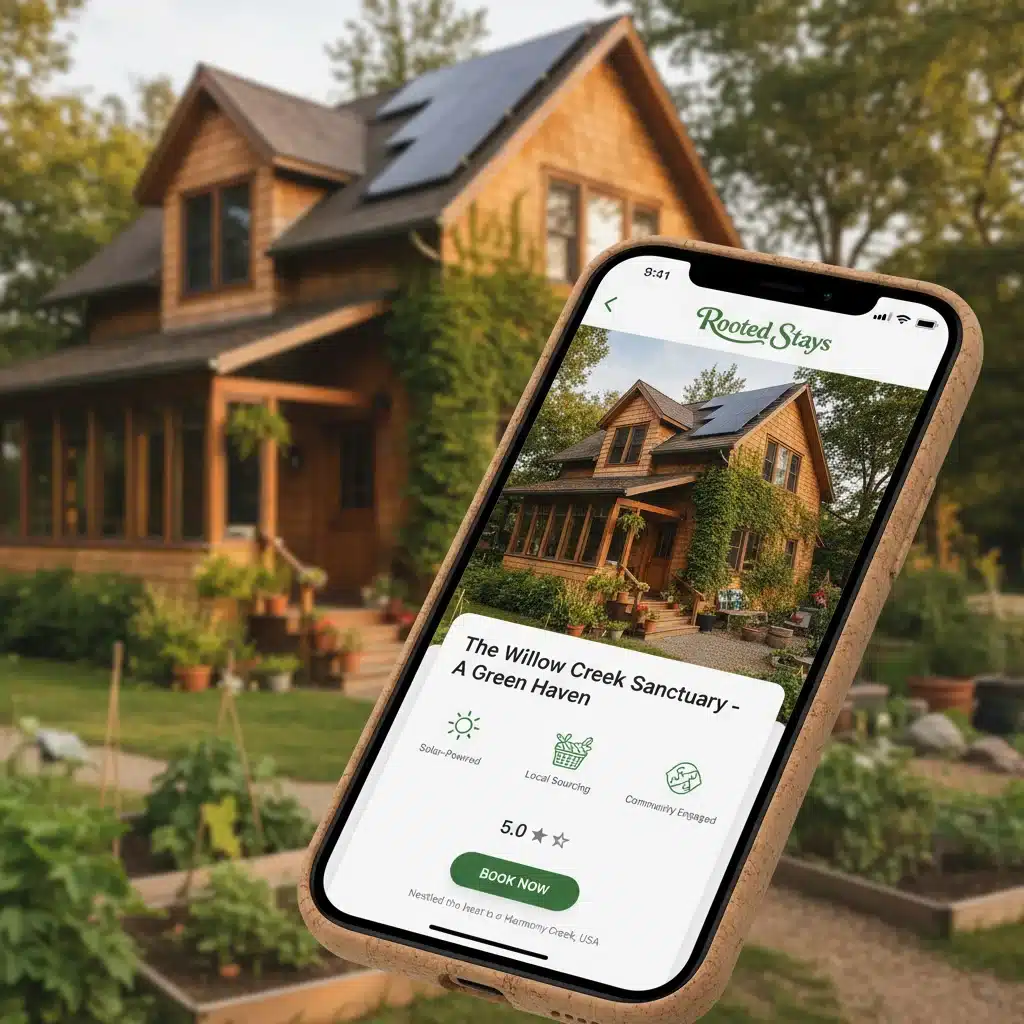 Smartphone displaying an ethical lodging app with eco-friendly guesthouse details.